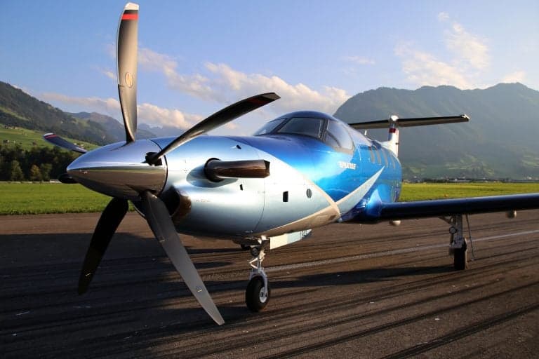 Pilatus PC-12 NGX on the ground, nose view.