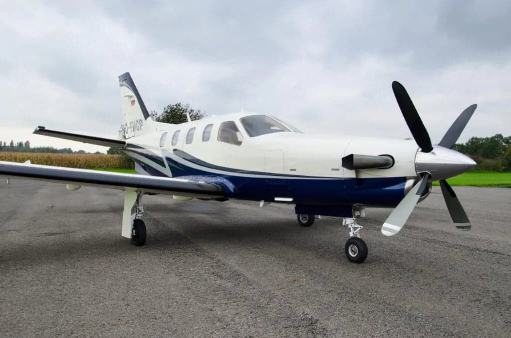 A white and blue Pilatus PC-12 aircraft parked on the tarmac.