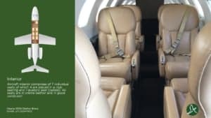 Interior of the Cessna Citation Bravo with cream-colored leather seats.
