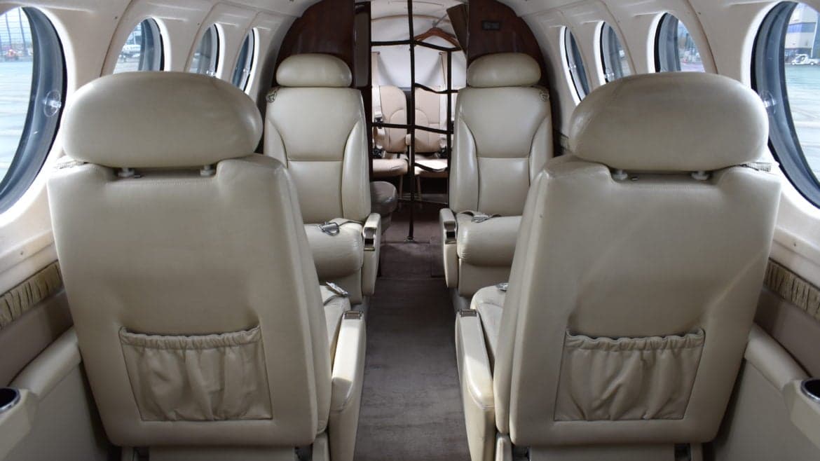 The interior of the King Air features tan leather seats.