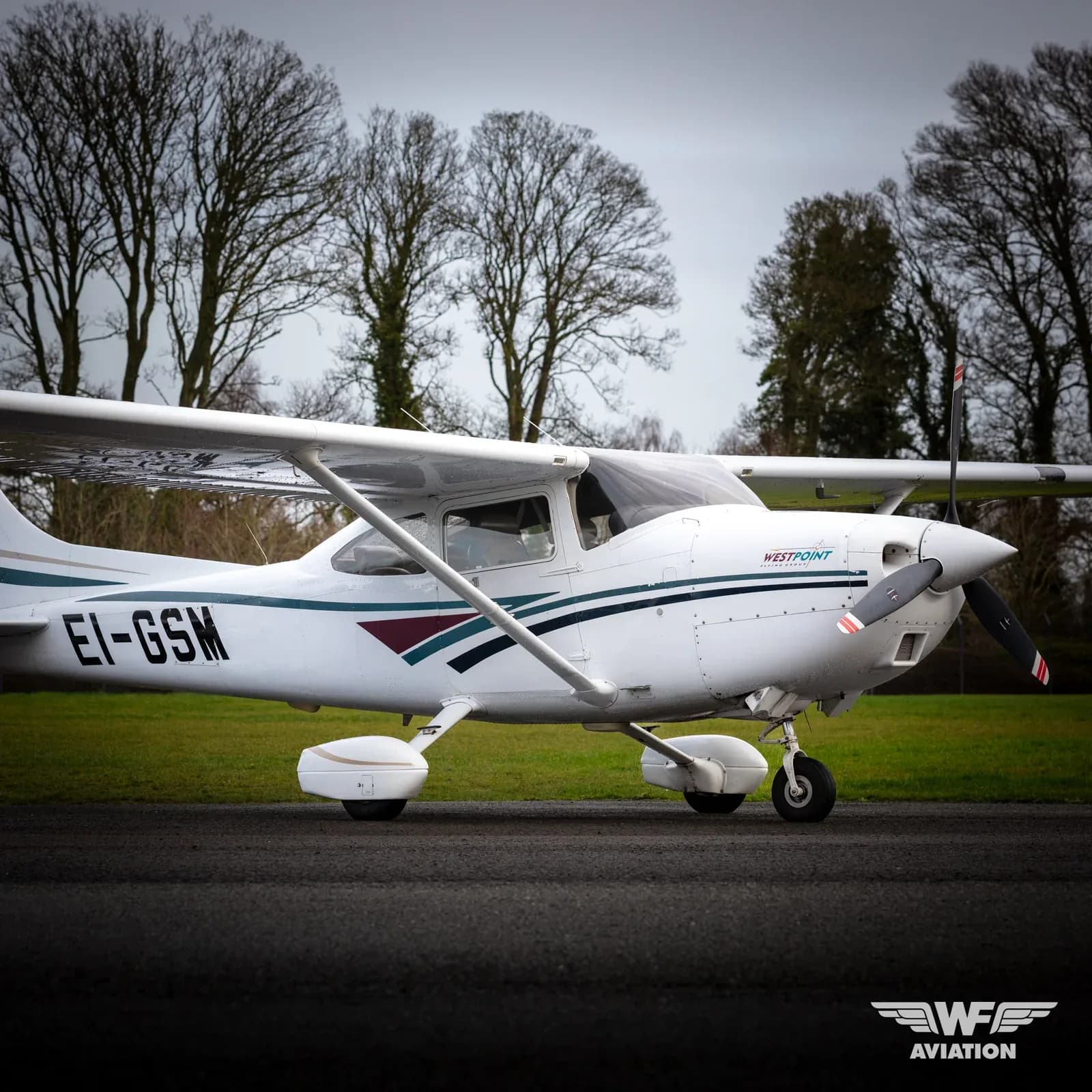 A white single-engine propeller aircraft with green and maroon stripes, registration EI-GSM, is parked on an asphalt surface with trees in the background under an overcast sky.