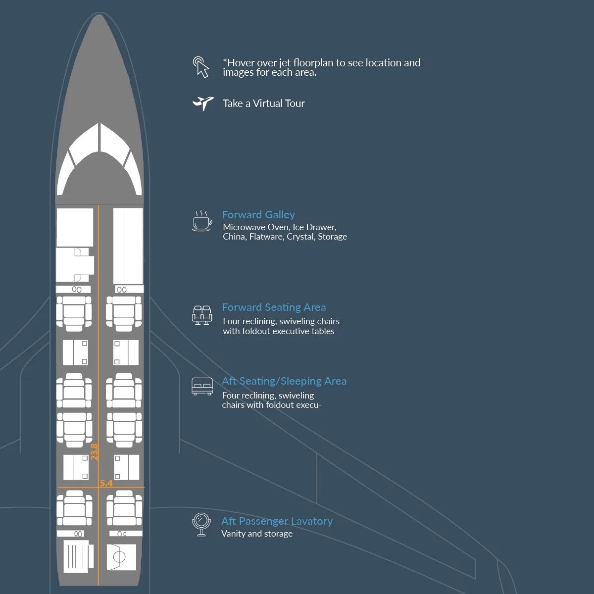 An overhead diagram showing the interior floor plan of a business jet with seating areas, galley, and lavatory labeled.