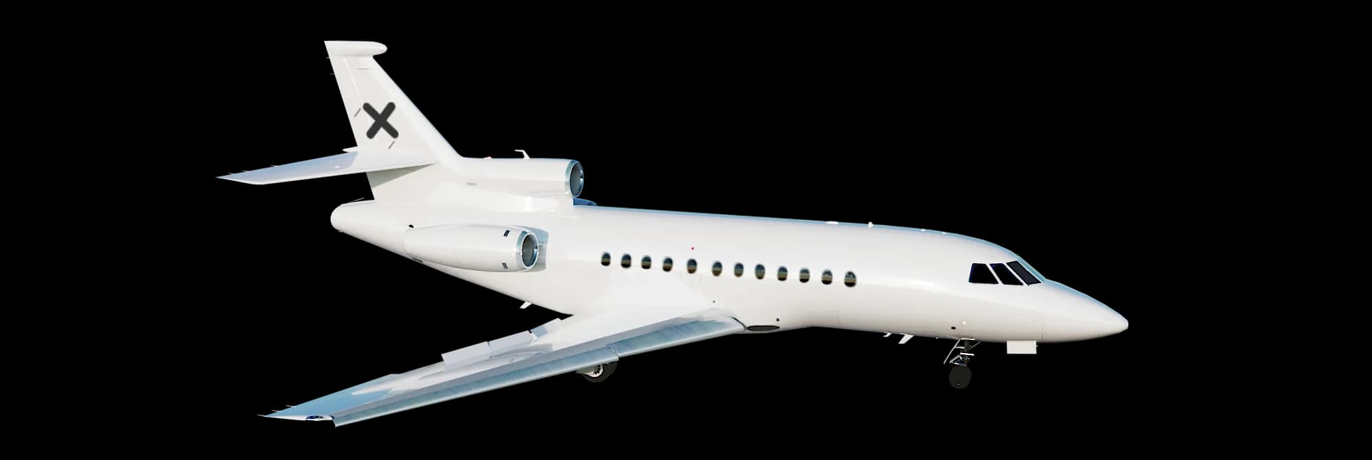 A white Dassault Falcon jet on a black background.