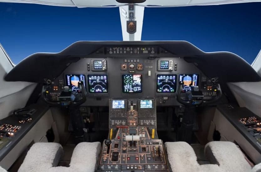 The cockpit features a full suite of avionics and displays.