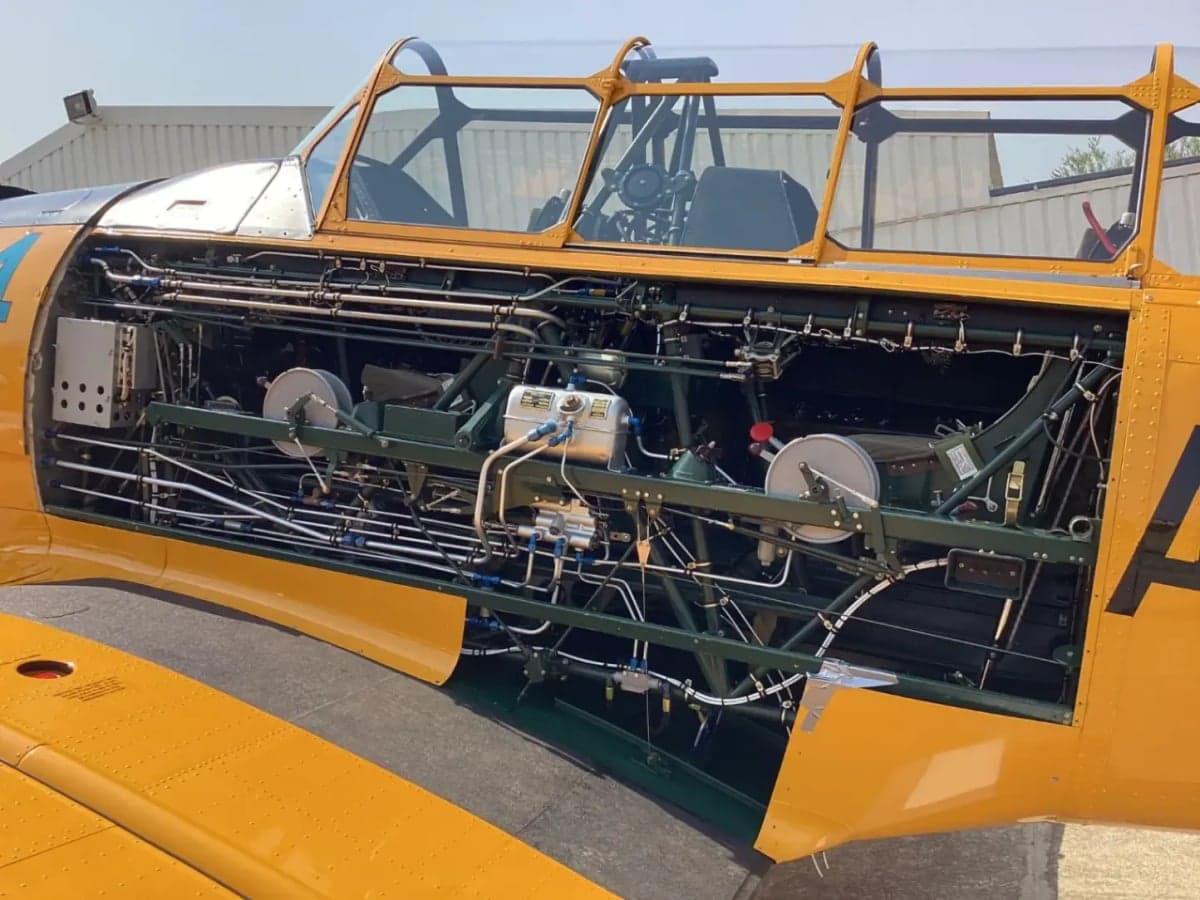 Internal view of the T-6 Texan's fuselage showing the aircraft's structure and components.