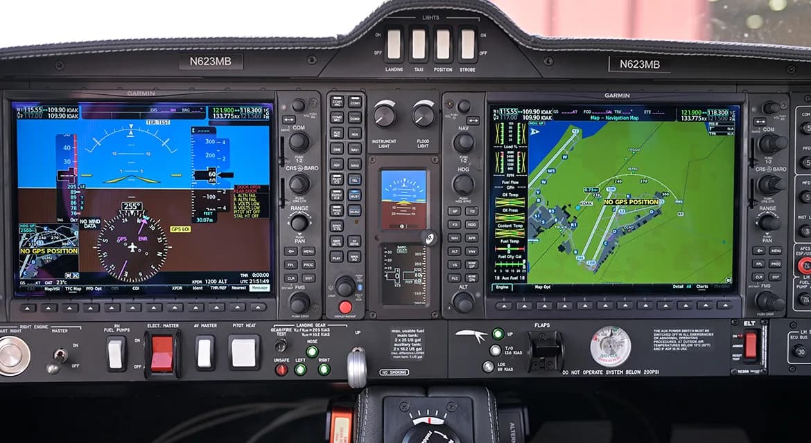 Close-up of the Diamond DA62's instrument panel with Garmin avionics.