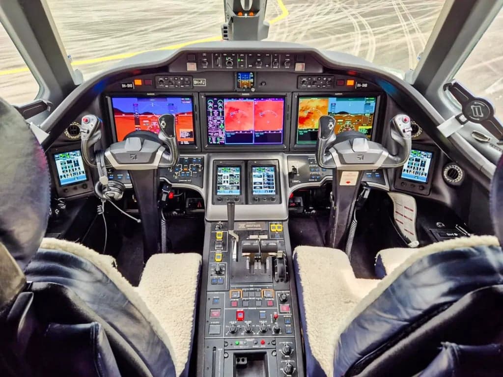 View of the aircraft's cockpit with instrument panel.