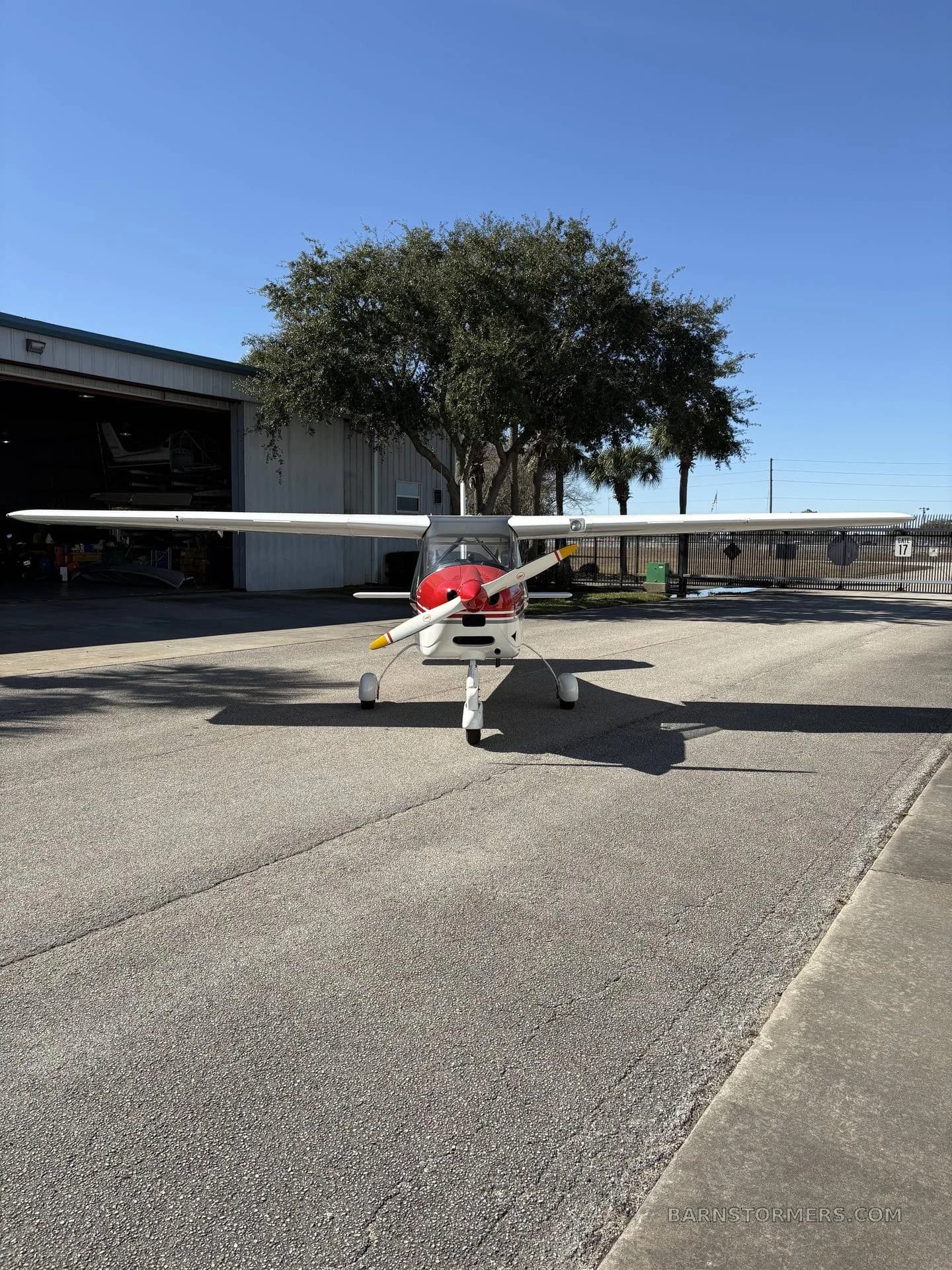 A white and red Tecnam P2008 aircraft with registration N129LS is viewed head-on, parked on an asphalt surface in front of a hangar and a large tree.