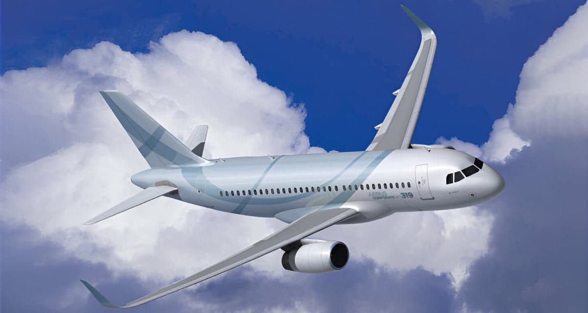A generic Airbus Corporate Jet A319 in a light blue and white livery flying through a cloudy sky.