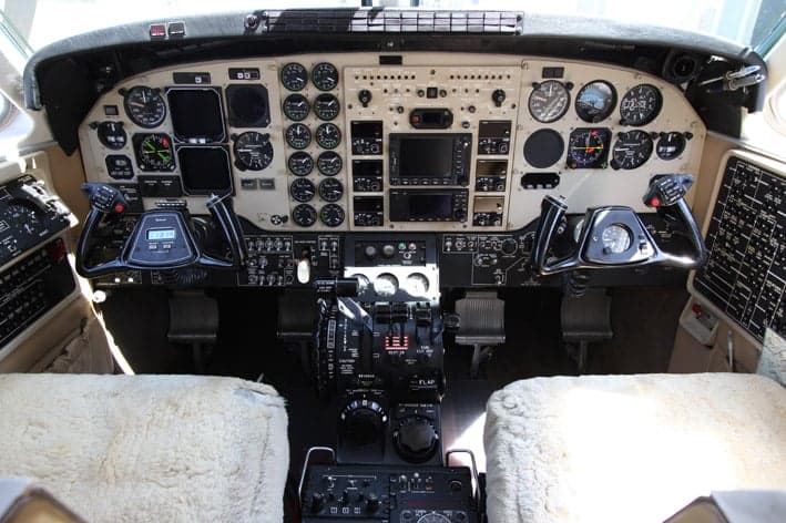 Cockpit view of the Beechcraft King Air 200 instrument panel.