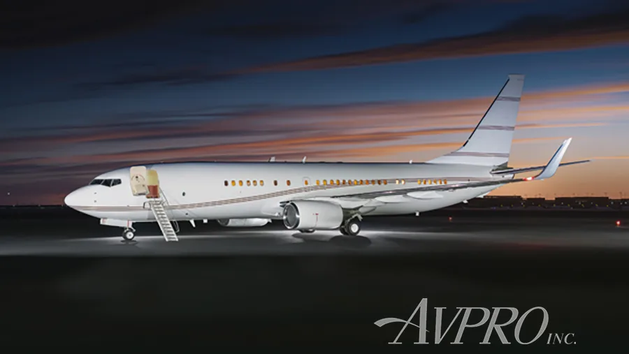 A white Boeing 737 business jet with brown stripes on the tarmac at dusk, with its main door open and stairs extended.