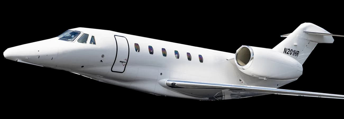 A white business jet, tail number N201HR, seen from a low angle against a white background.