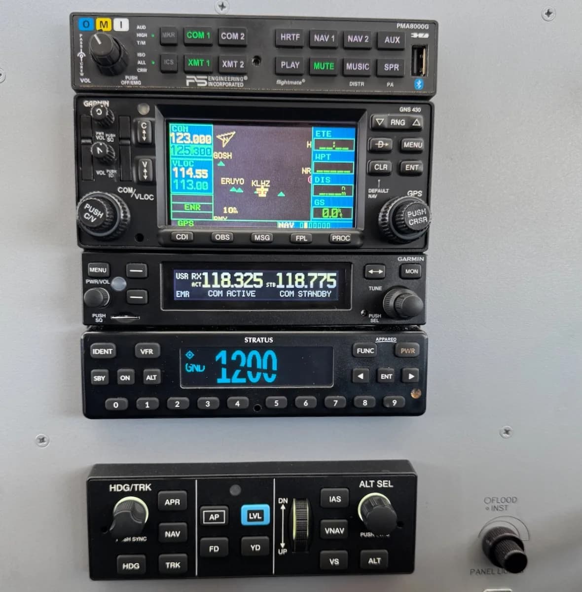 A close-up of the avionics stack in the Cessna 172 cockpit, featuring a Garmin GPS and other radio equipment.