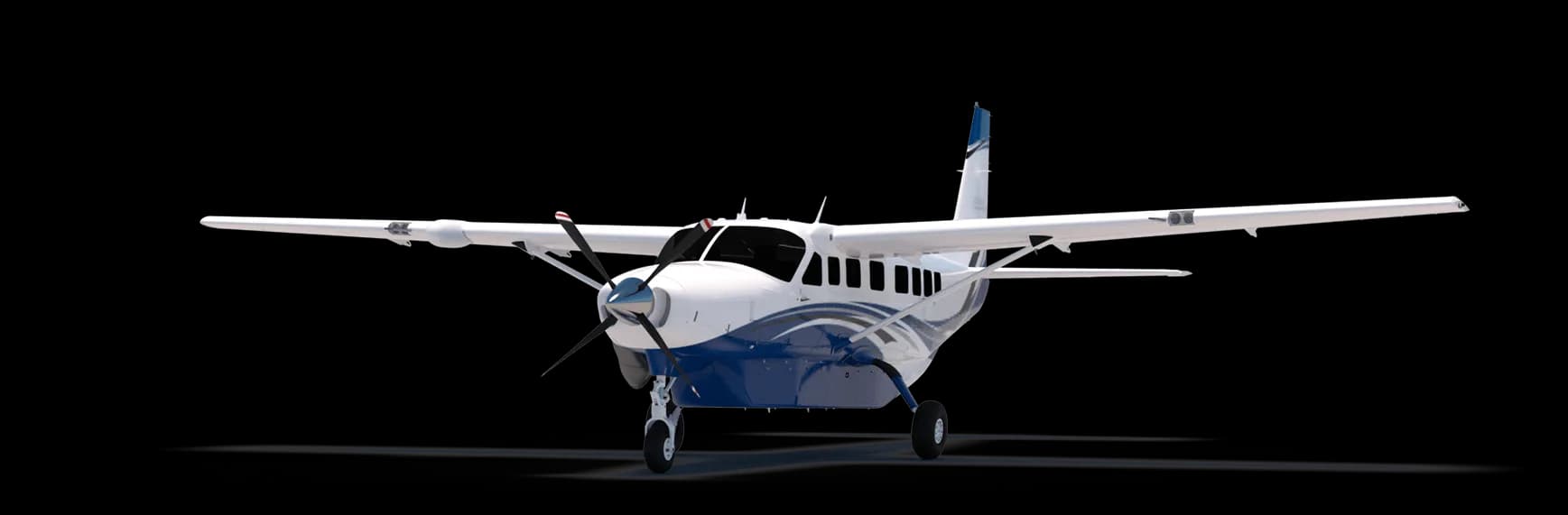 Front view of a white and blue Cessna Caravan on a black background.