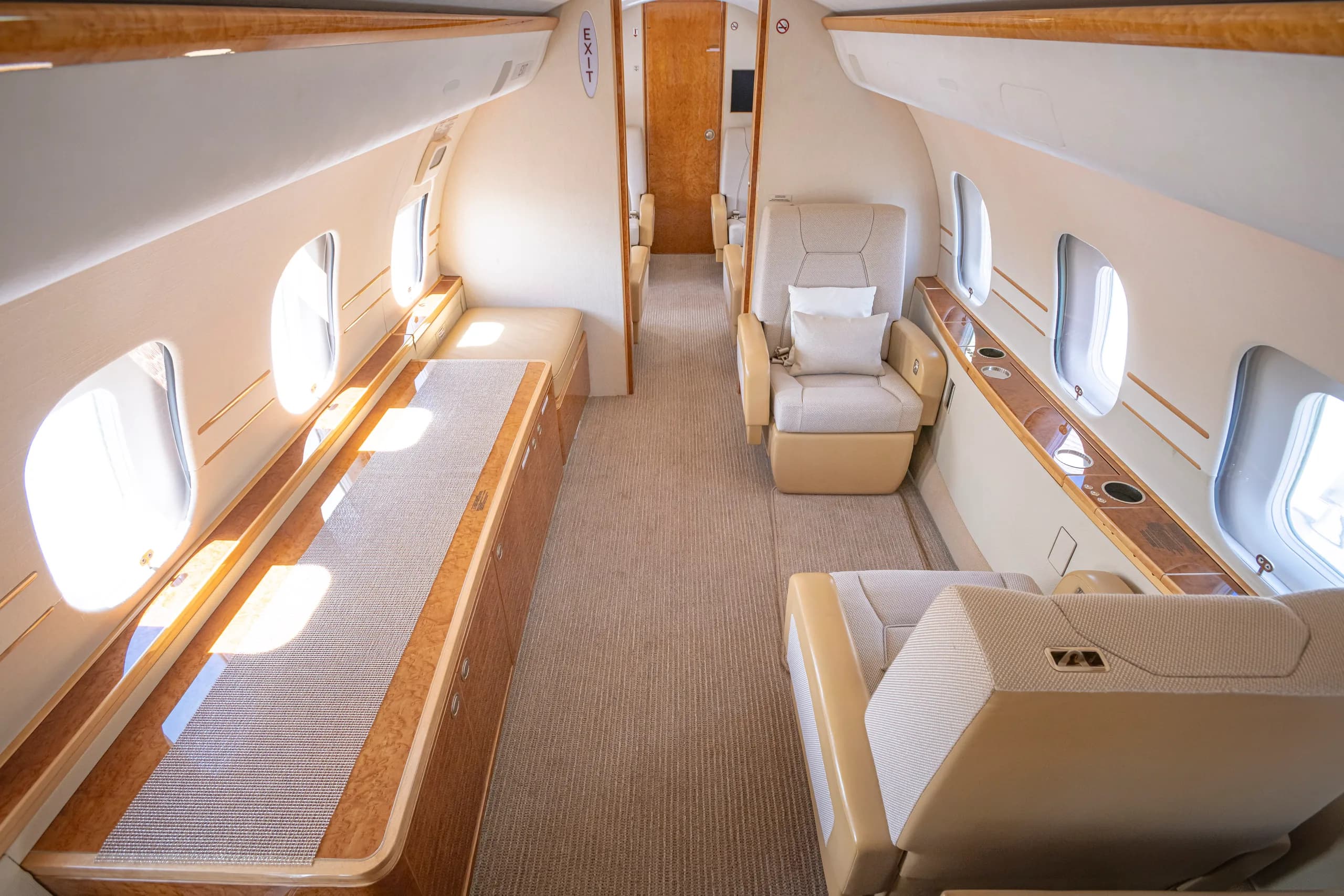 A view of the aircraft's interior with a divan and tan leather seats.