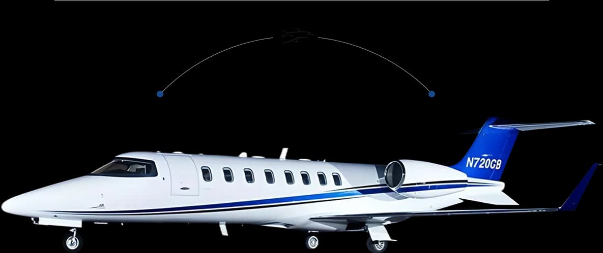 A white business jet with blue stripes and tail (N720GB) with measurement lines overlaid on a transparent background.