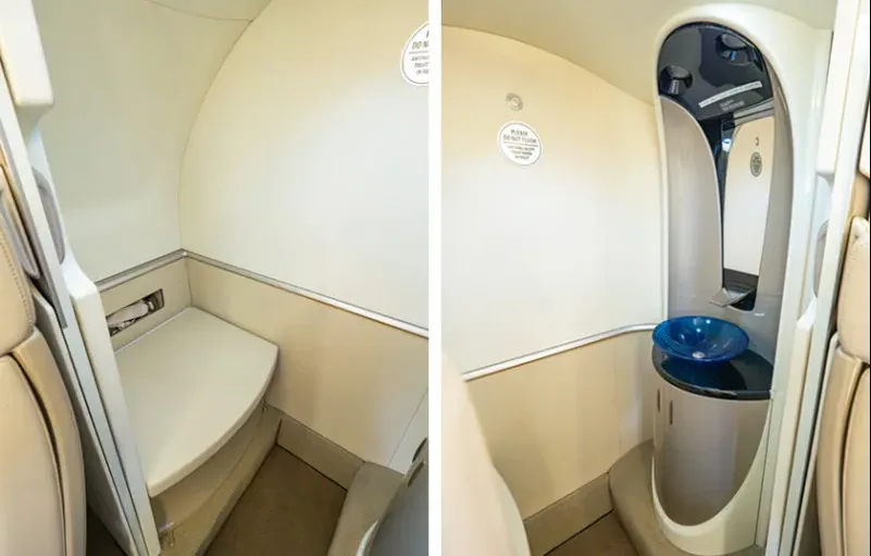 A split image showing the compact lavatory of a HondaJet Elite, with a toilet on the left and a sink with a blue bowl on the right.