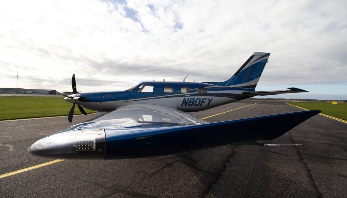 Front view of the N80FY Piper M600 showing the propeller and nose.