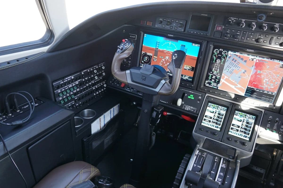Side view of the cockpit instrument panel of the Citation M2 jet.