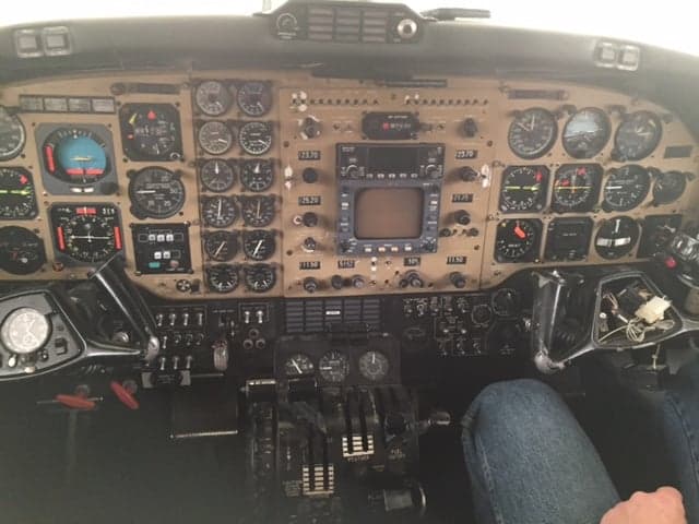 The instrument panel of the Beechcraft King Air is shown in detail.