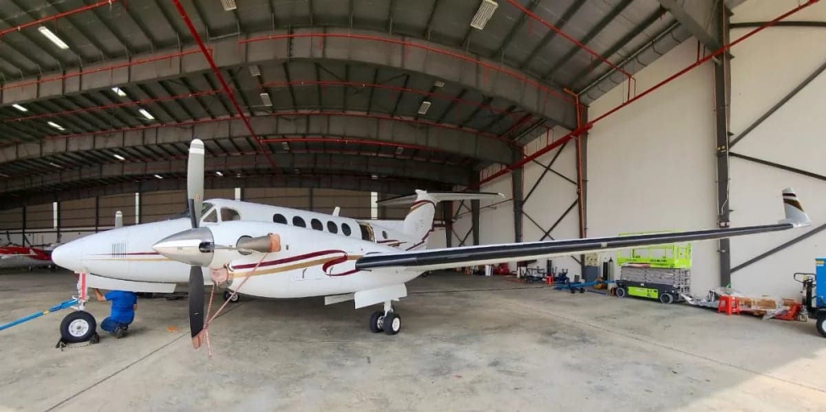 A Beechcraft King Air 350i in a hangar.