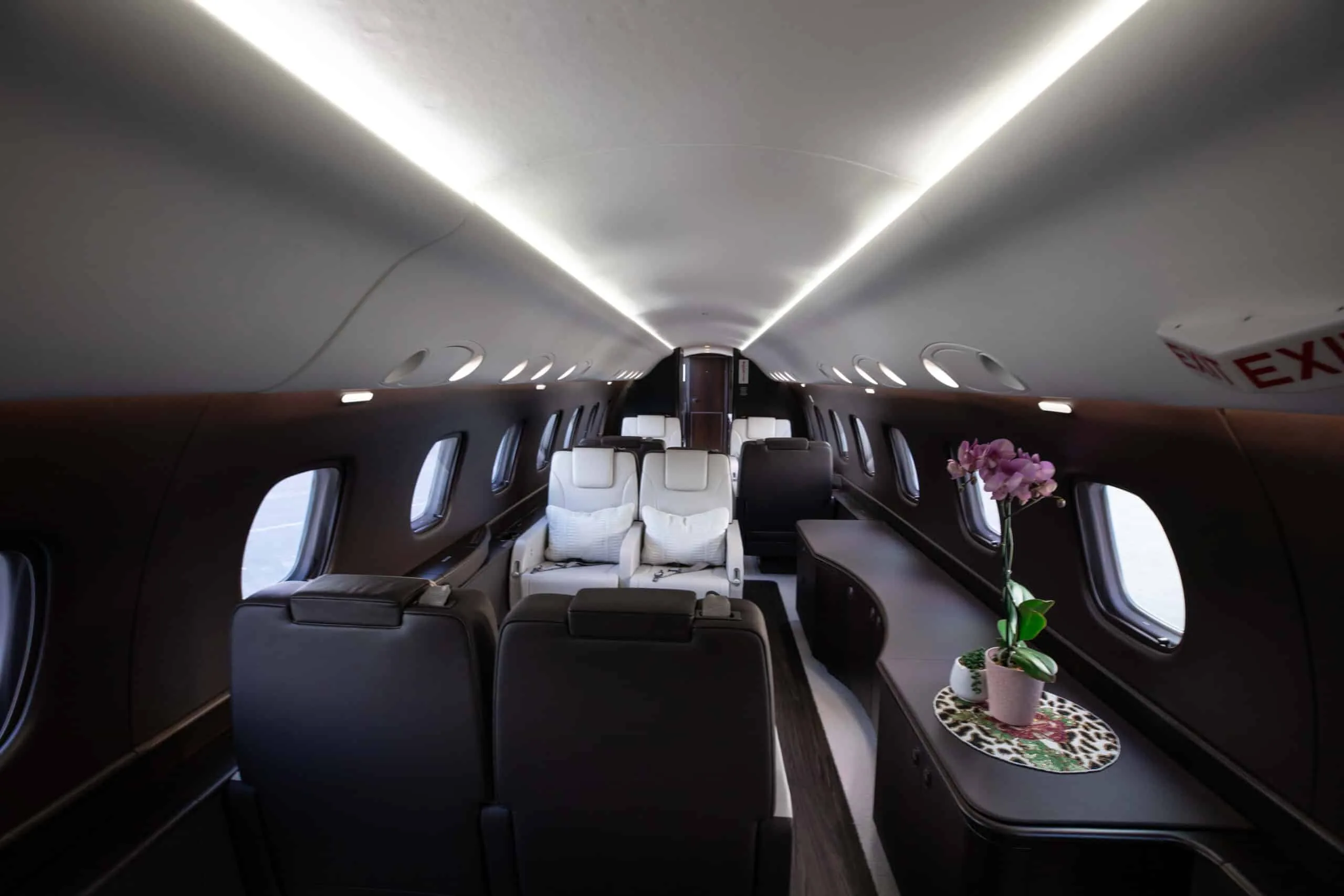 A view looking forward through the aircraft's cabin, highlighting the spacious interior and various seating zones.