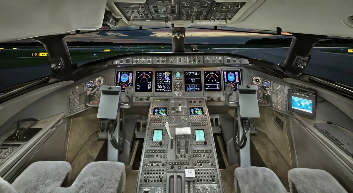 The cockpit of a Bombardier Challenger aircraft with full instrumentation.