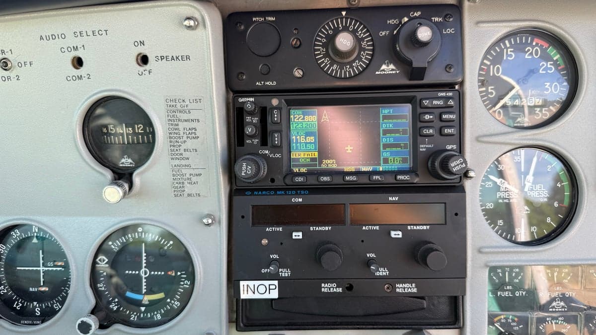 Close-up of the Garmin avionics in the Mooney Mark 21 aircraft.