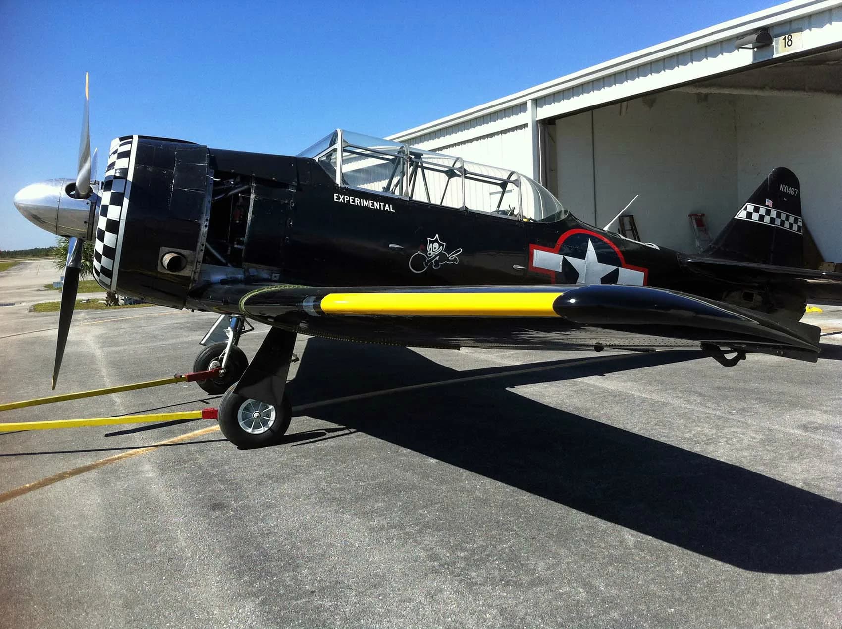 A black warbird aircraft with a checkered nose and yellow wing stripes, tied down on an airfield next to a hangar.