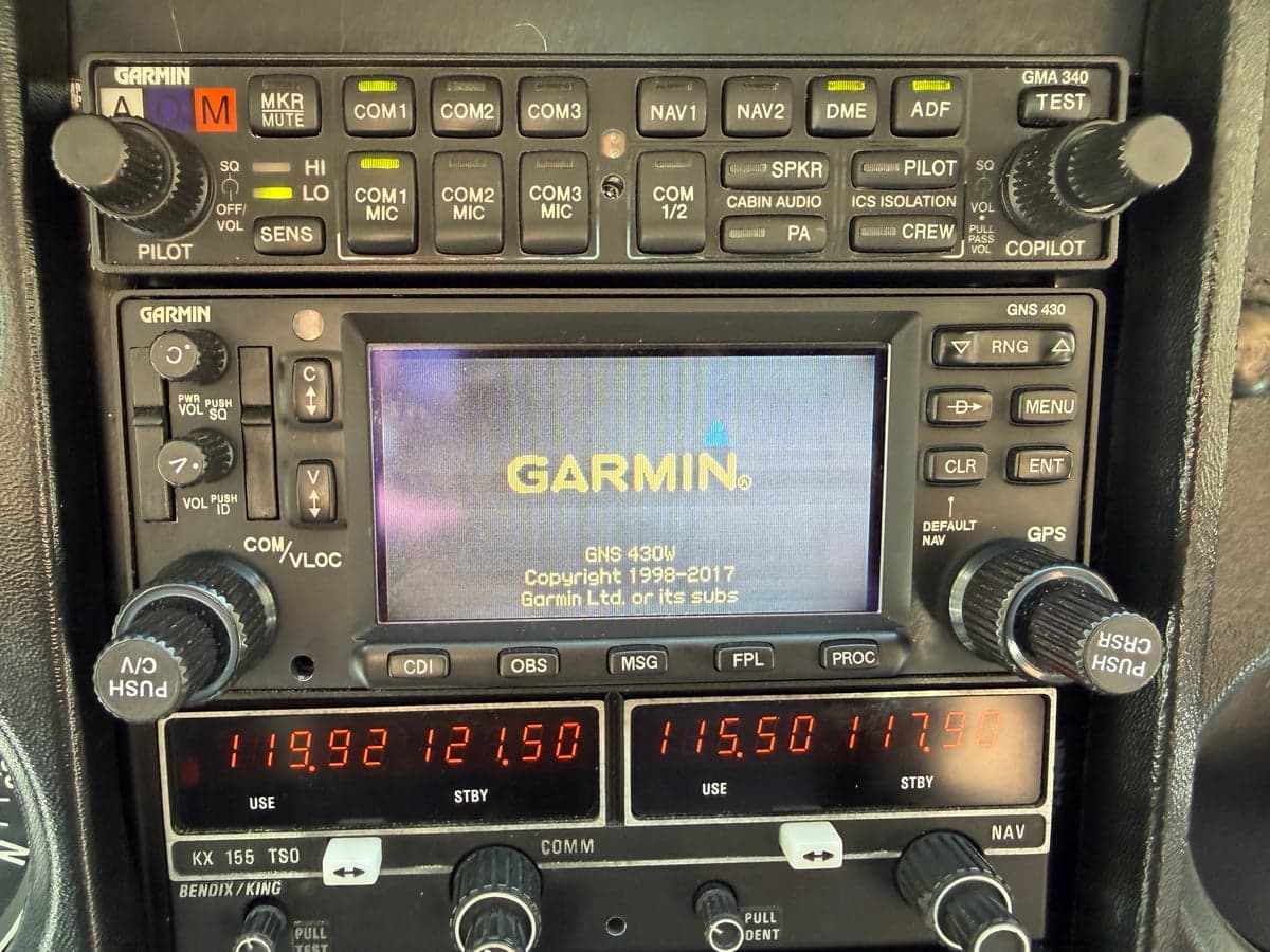 Close-up of the instrument panel in the Skylane aircraft, showing the avionics and gauges.
