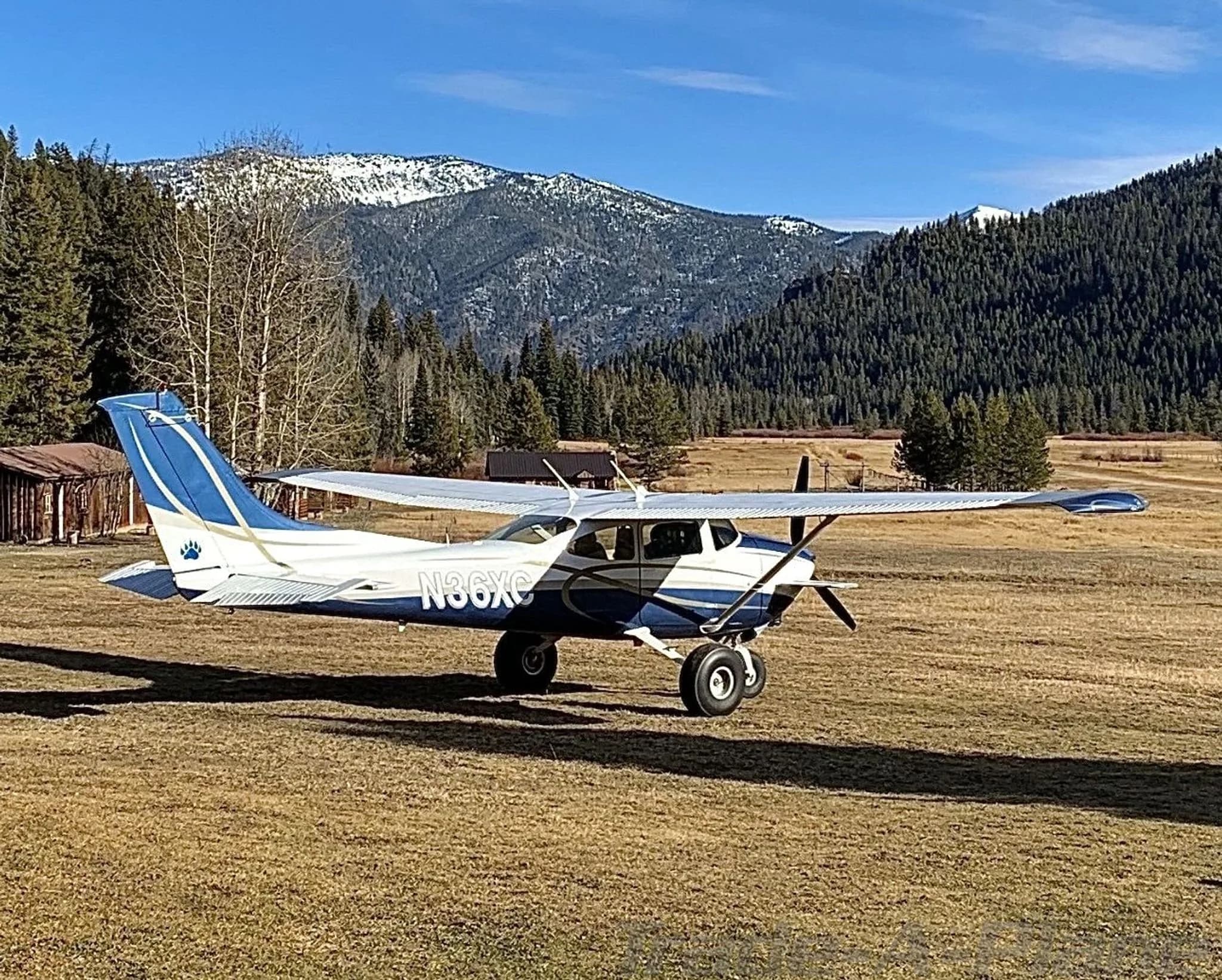 A white and blue Cessna 182 aircraft with registration N36XC parked on a grassy field with snow-capped mountains in the background.