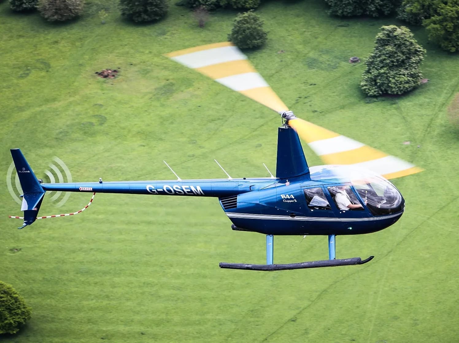 A blue Robinson R44 helicopter flying over a green field.