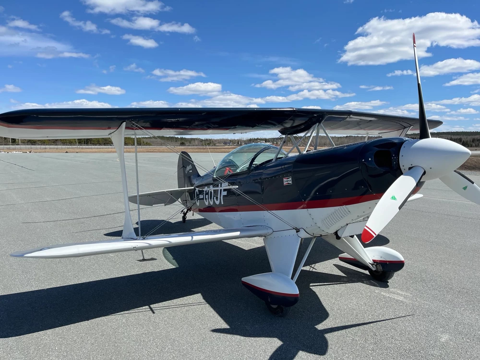 A front-quarter view of the dark blue and white Pitts biplane C-GOJF parked on an asphalt runway under a blue sky.