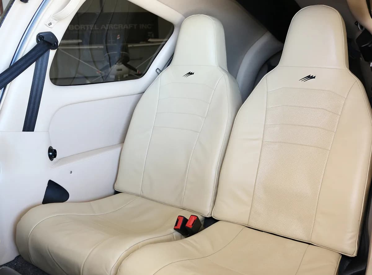 Two light beige leather passenger seats are visible in the aircraft cabin.