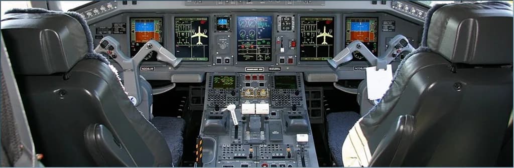 The cockpit of an aircraft showing the instrument panel, multiple displays, and pilot seats.