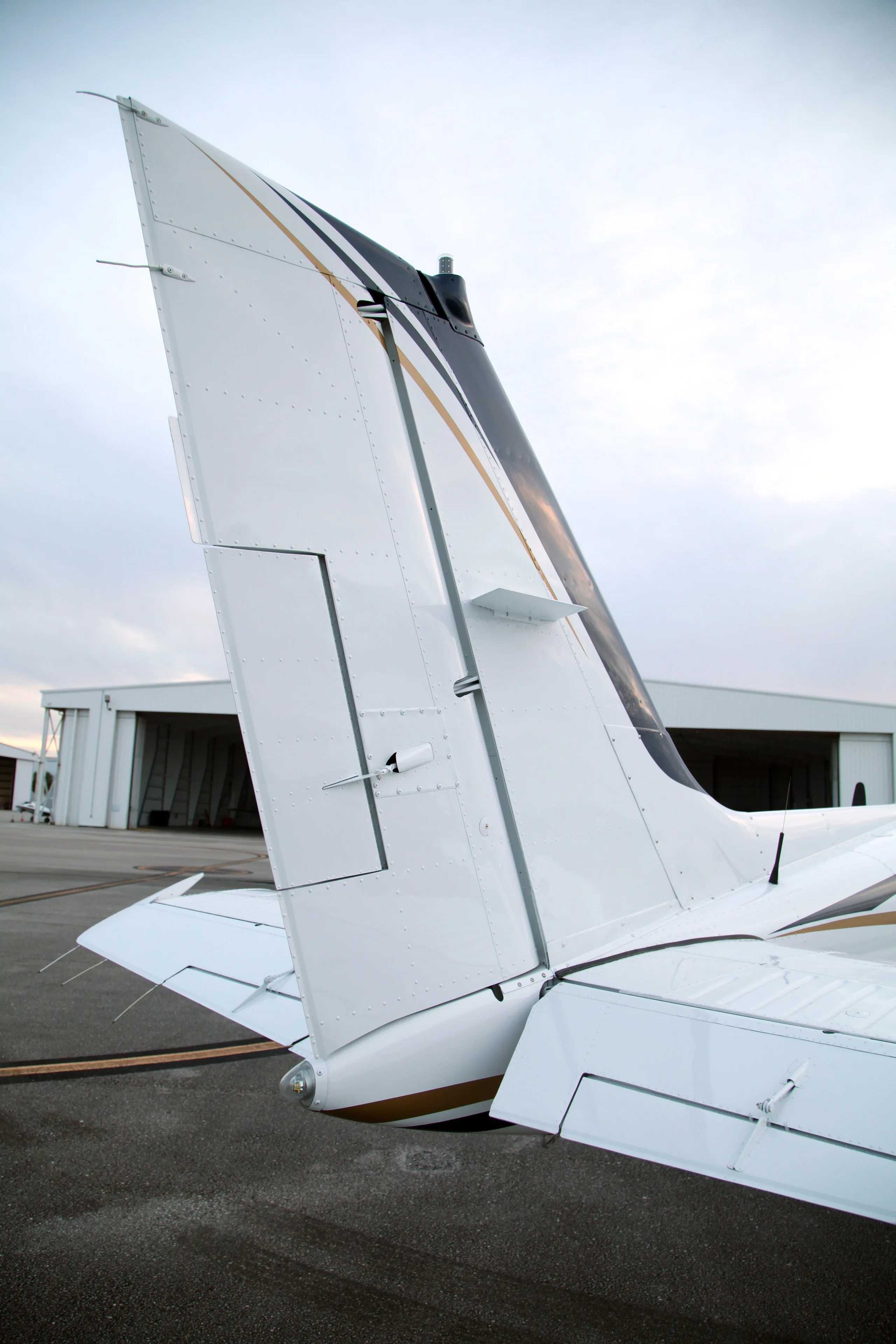 A close-up view of the white tail and horizontal stabilizer of a small aircraft with black and gold stripes, parked on an airport tarmac with hangars in the background.