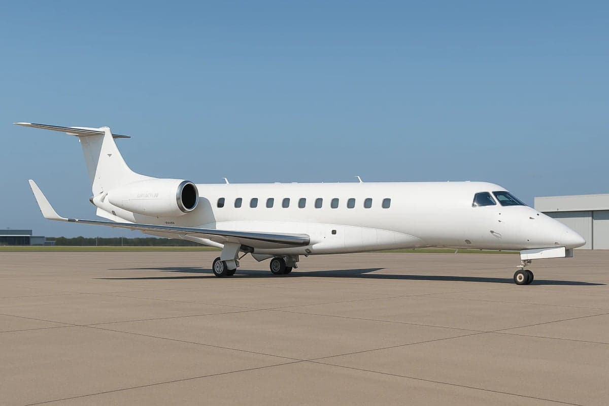 Side view of a white Embraer Lineage 1000 aircraft on the tarmac.