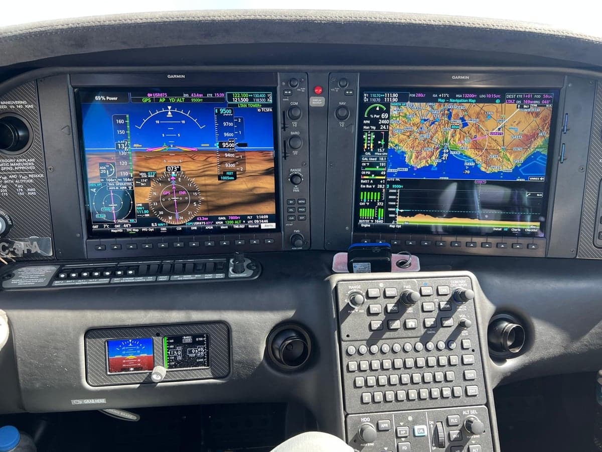 Close-up of the Garmin instrument panel in the cockpit.