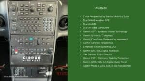 Close-up of the avionics panel in the cockpit of a Cirrus aircraft, with a list of features.