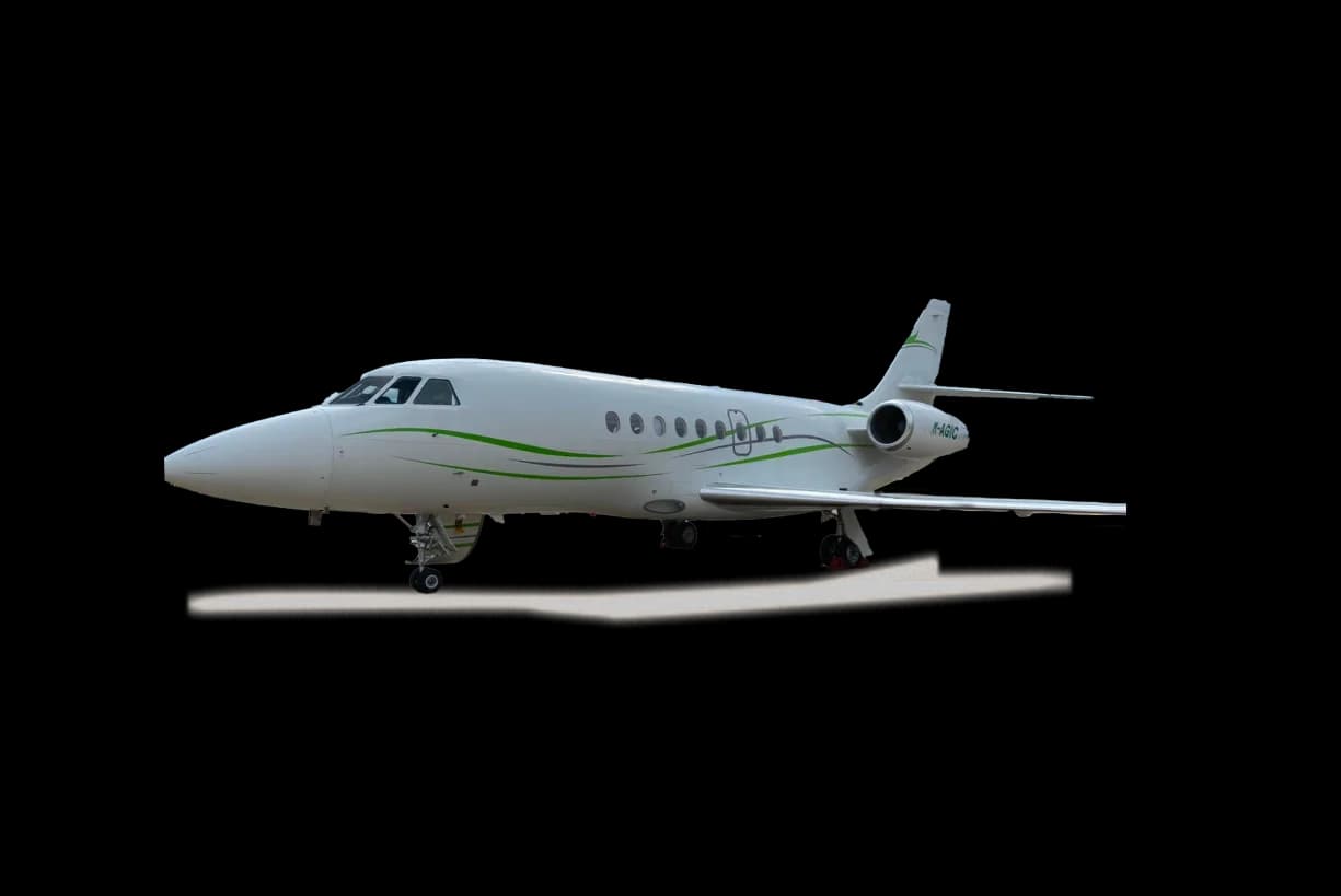 A white aircraft with green stripes and registration P-ABIG is shown against a black background.