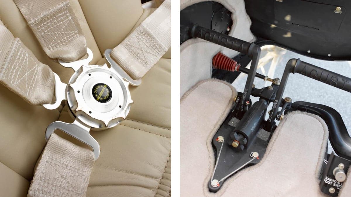 Close-up of the seatbelt buckle and pedals in the AgustaWestland AW119 Koala helicopter.