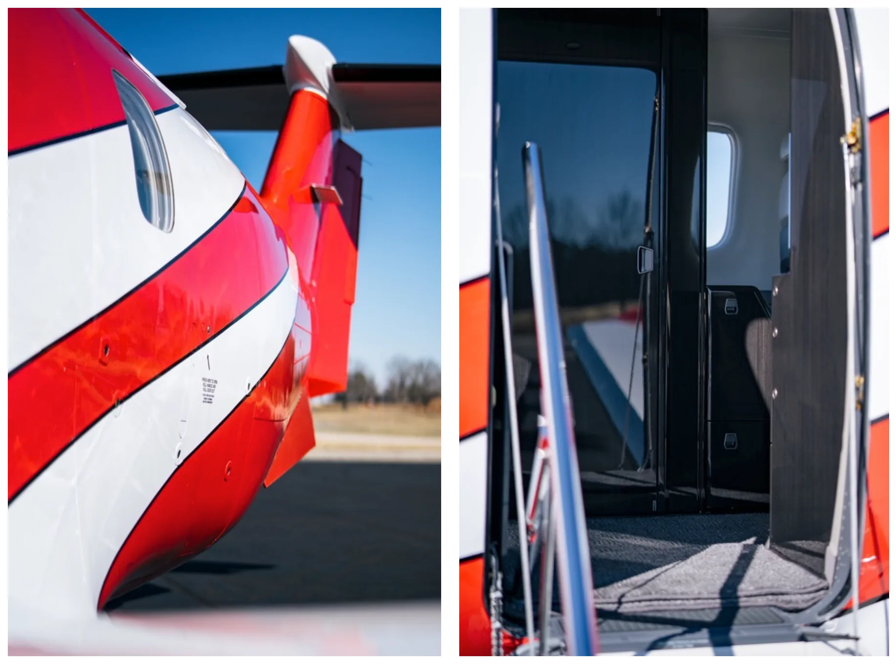 A split image showing the red and white tail section of a Pilatus PC-12 on the left and the open entry door with stairs on the right.