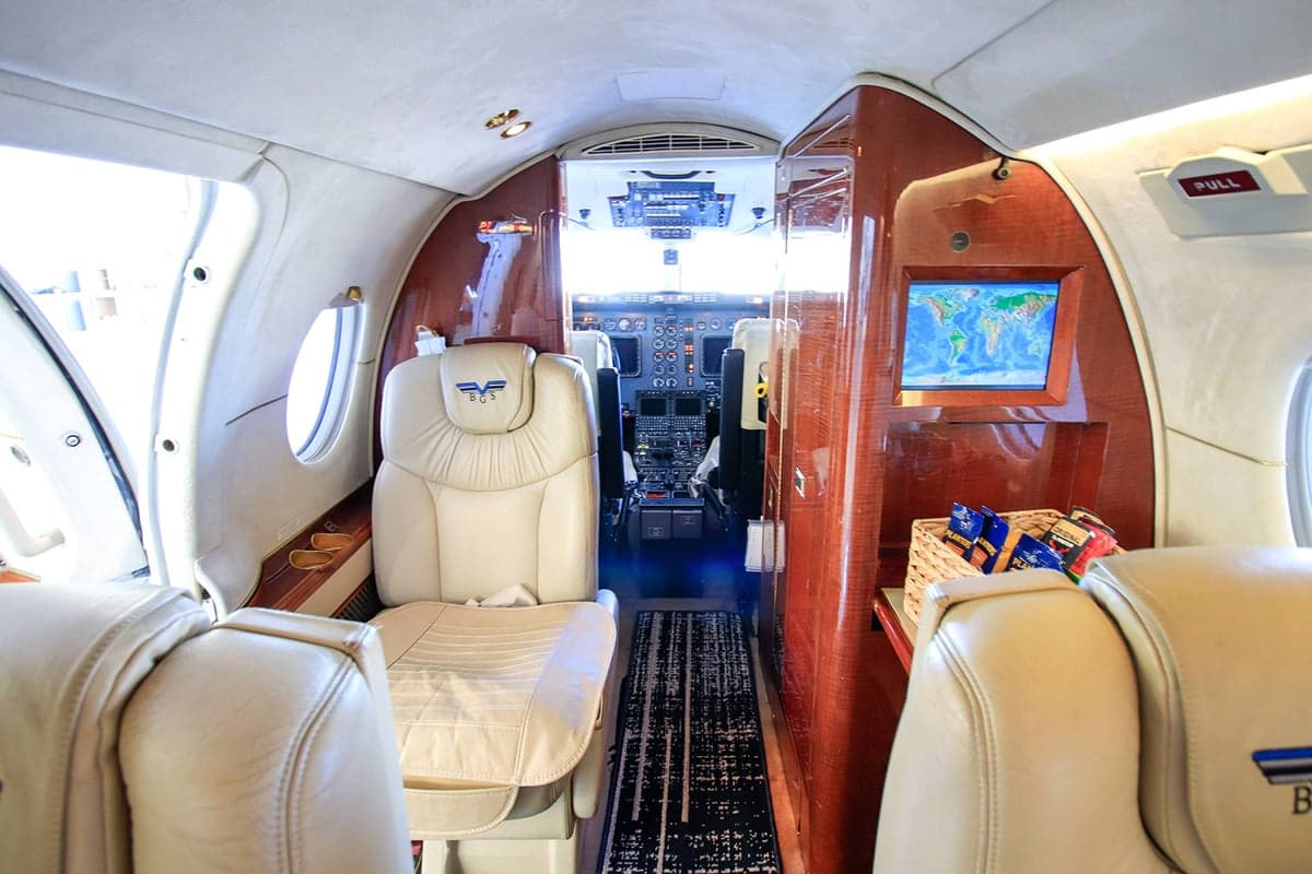 View of the Beechjet 400A cabin looking towards the cockpit.