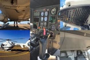 Collage of the helicopter's instrument panel and exterior.