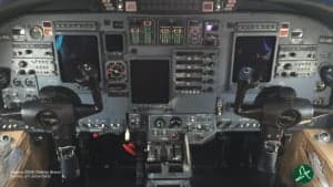The cockpit of a Cessna Citation Bravo with modern avionics.