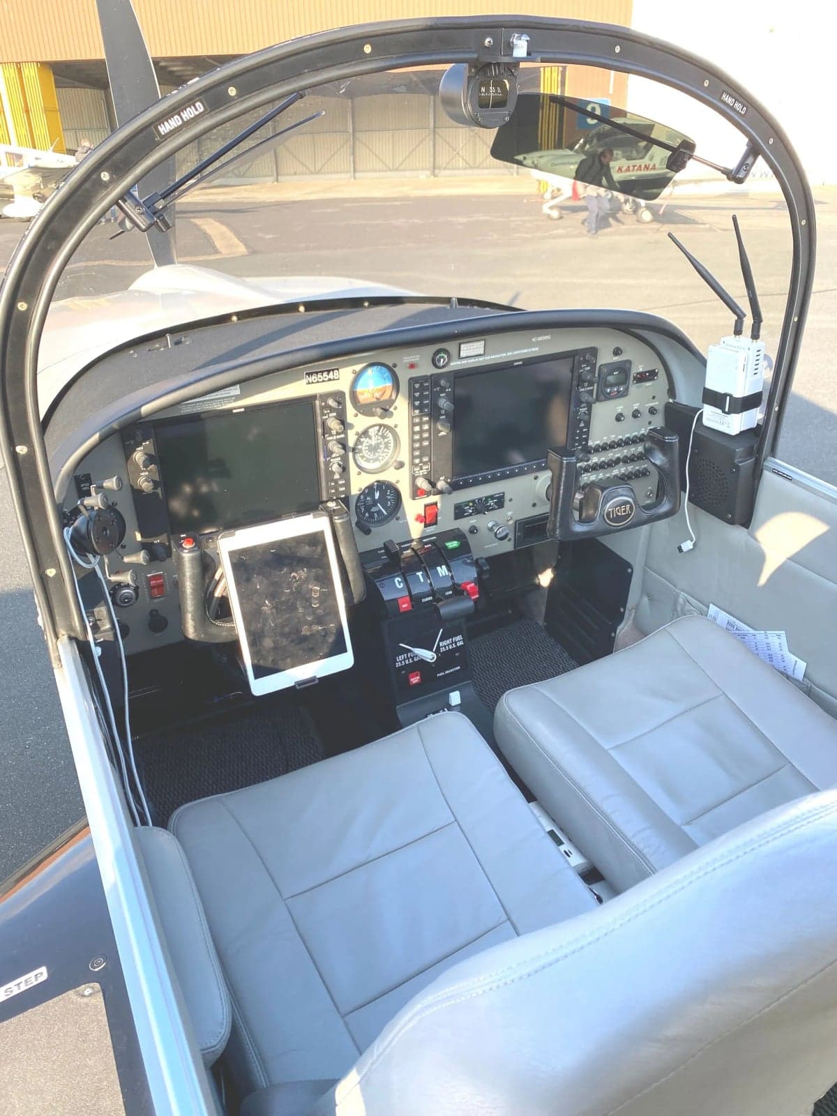 Interior view of the aircraft's front seats.