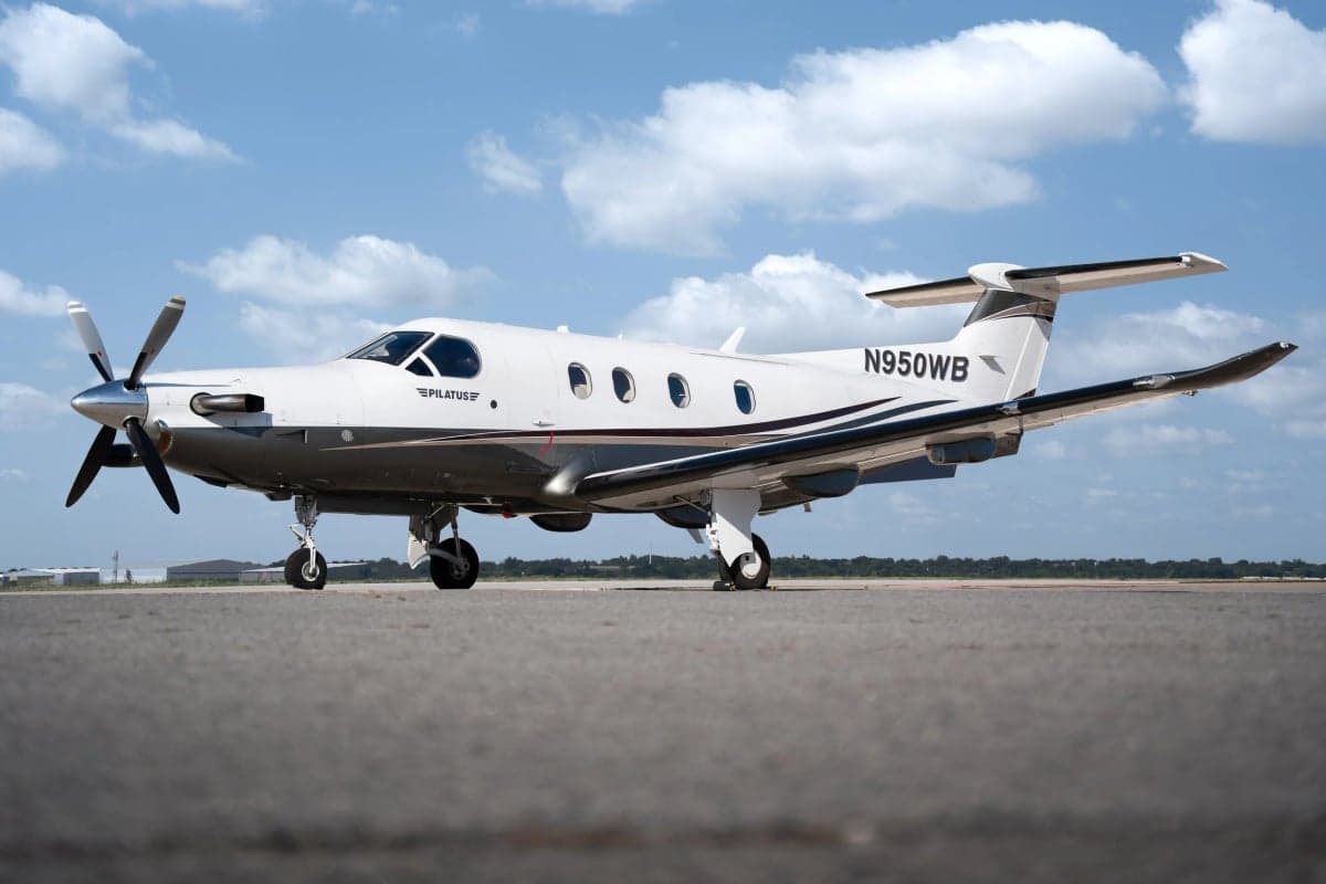 Pilatus PC-12NGX on the tarmac, side view.