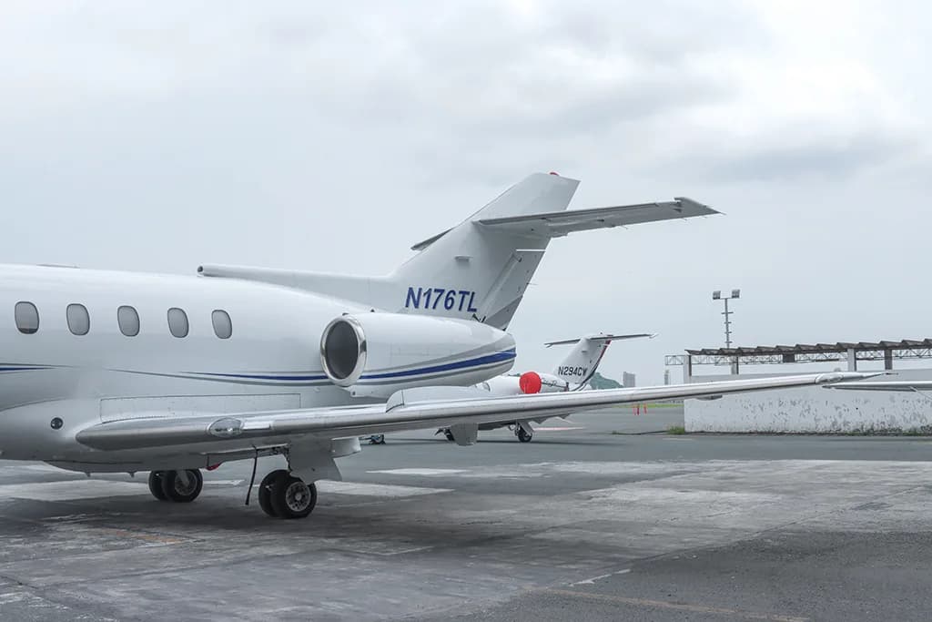 A rear-quarter view of a white business jet with blue and grey stripes, registration N176TL, parked on an airfield.