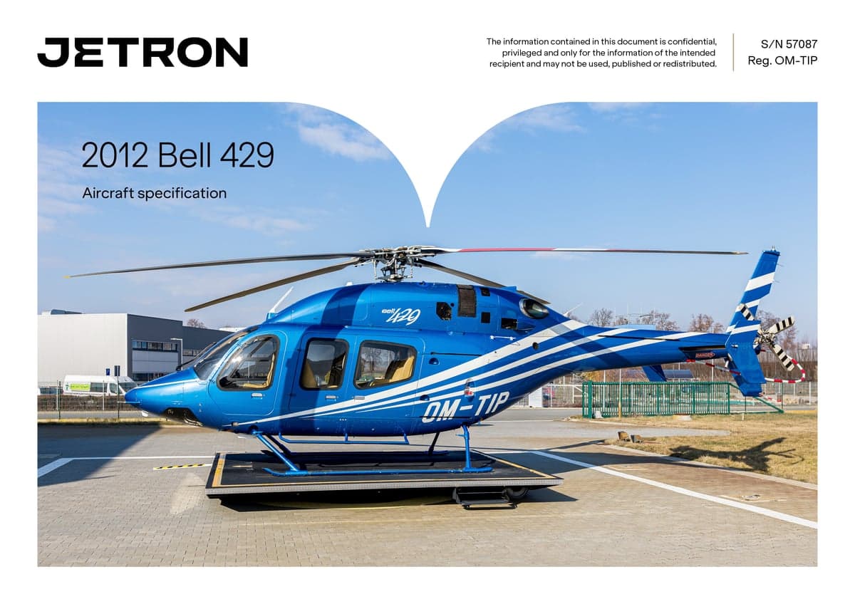 A 2012 Bell 429 helicopter with blue and white paint scheme on a platform.