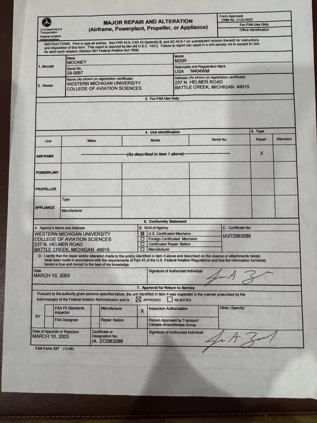 FAA form 337 for major repair and alteration.